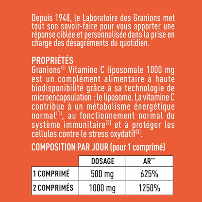 | Vitamine C Liposomale 1000 Mg | Contribue Au Fonctionnement Normal Du Système Immunitaire Et À Réduire La Fatigue | Haute Absorption | Fabrique En France | 60 Comprimés